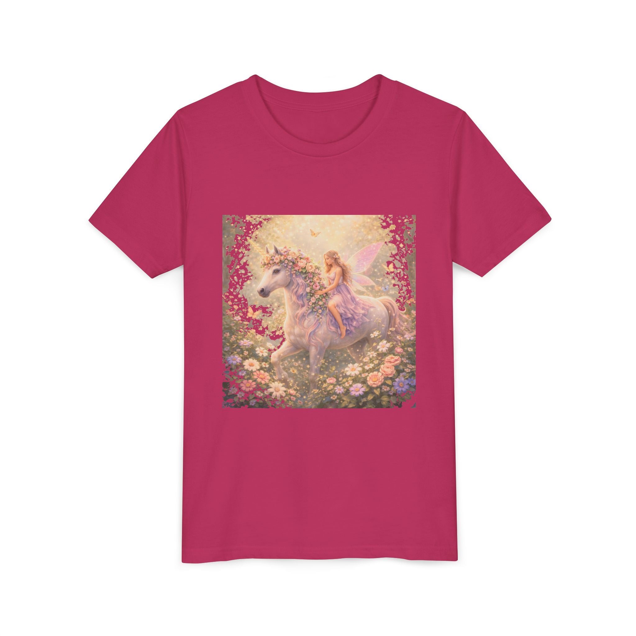Youth Tee — Magical Fairy Riding Unicorn in Floral Garden Kids Shirt