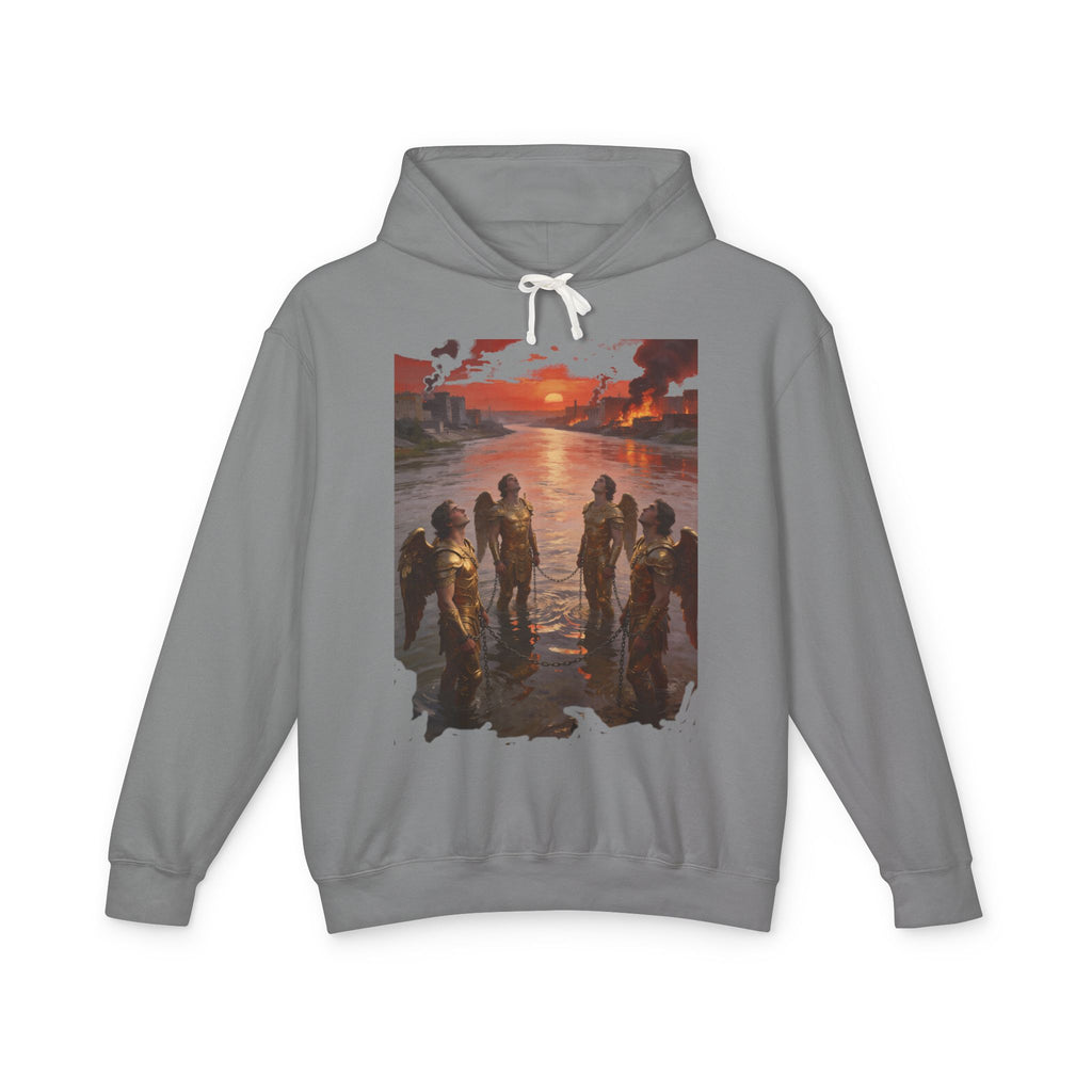 Revelation 9 reveals four fallen angels bound in the Euphrates River  Crew Hooded Sweatshirt