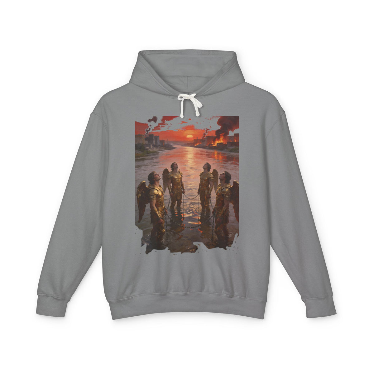Revelation 9 reveals four fallen angels bound in the Euphrates River  Crew Hooded Sweatshirt