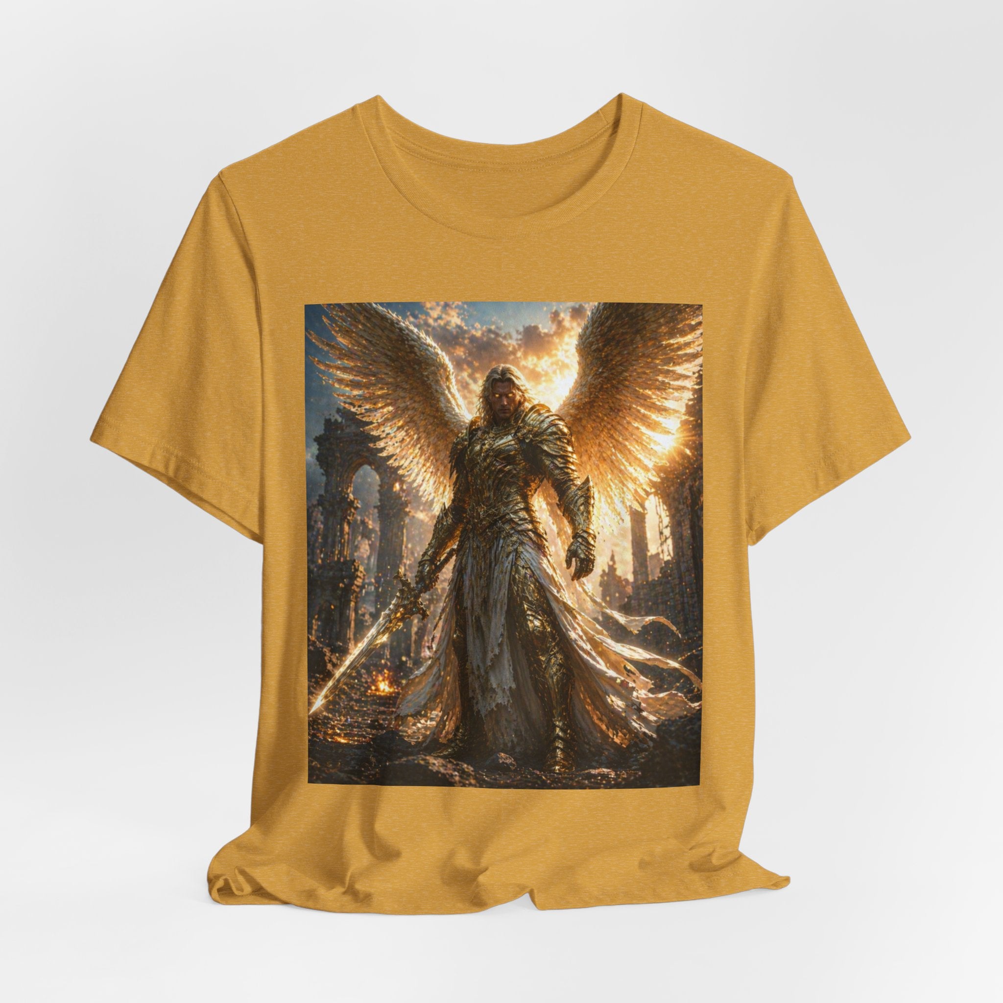 Angel Warrior Graphic Tee — Golden Archangel Battle Scene T-Shirt