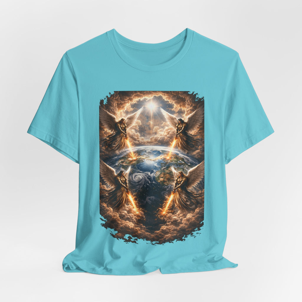 Revelation 7:1 Four angels standing on the four corners of the earth as seen from heaven-when the secound comingis near T‑Shirt — Heavenly Earth & Angels Graphic Tee