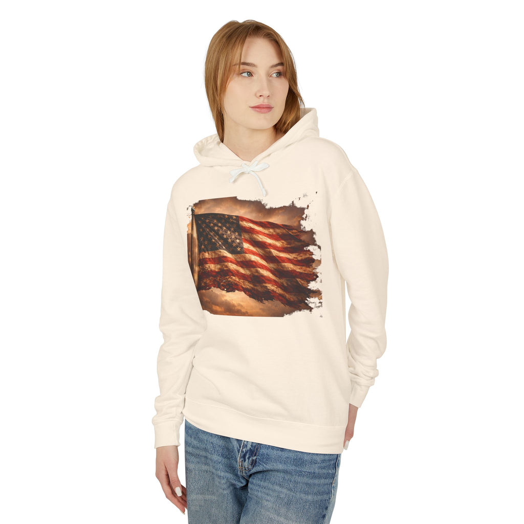 Distressed American Flag Hoodie — Vintage Patriot Lightweight Sweatshirt
