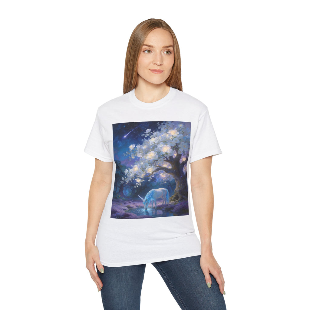 Unicorn Mystic Night Sheep Cotton Tee — Dreamy Moonlit Tree Art T-Shirt