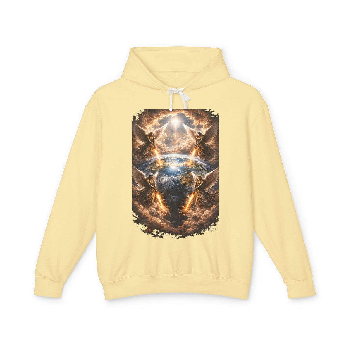 Revelation 7:1 Four angels standing on the four corners of the earth as seen from heaven Apocalyptic Earth Graphic Hoodie — Cosmic Storms, Lightning & Angelic Light