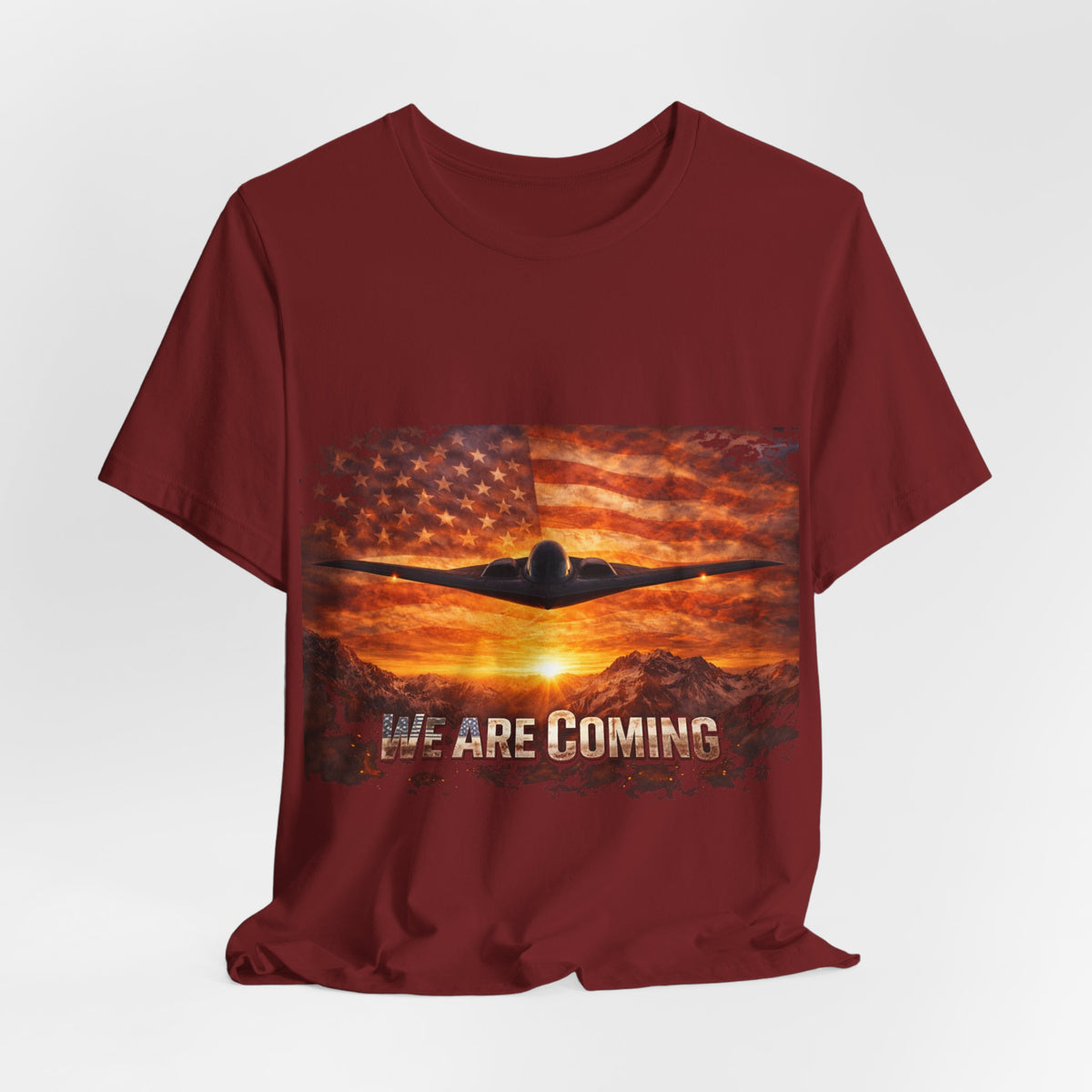 We Are Coming Military T-Shirt – American Flag Bomber Plane Graphic Tee