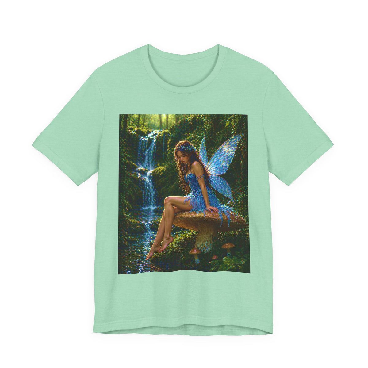 Fairy Forest T-Shirt — Enchanted Blue Fairy Sitting by Waterfall