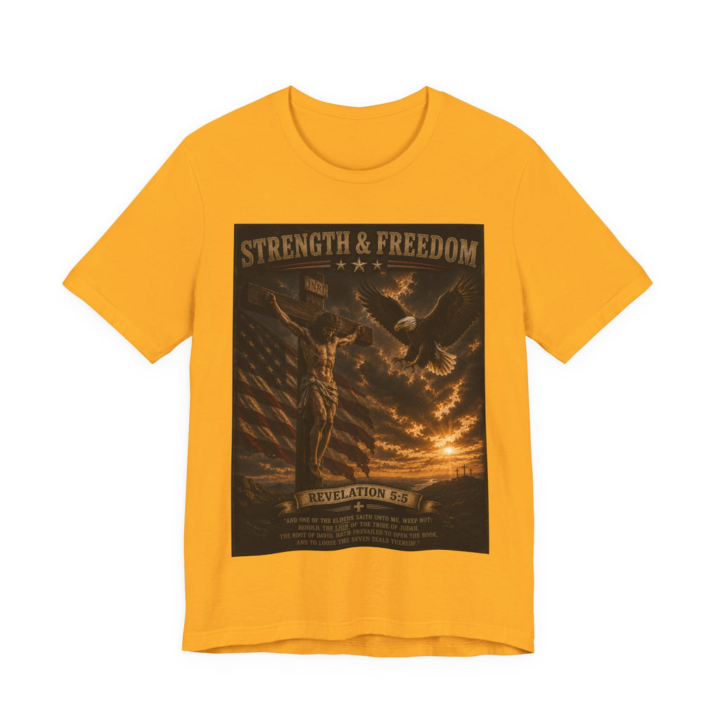 Strength & Freedom Christian T‑Shirt – Revelation 12:11 Eagle & Cross Faith Tee