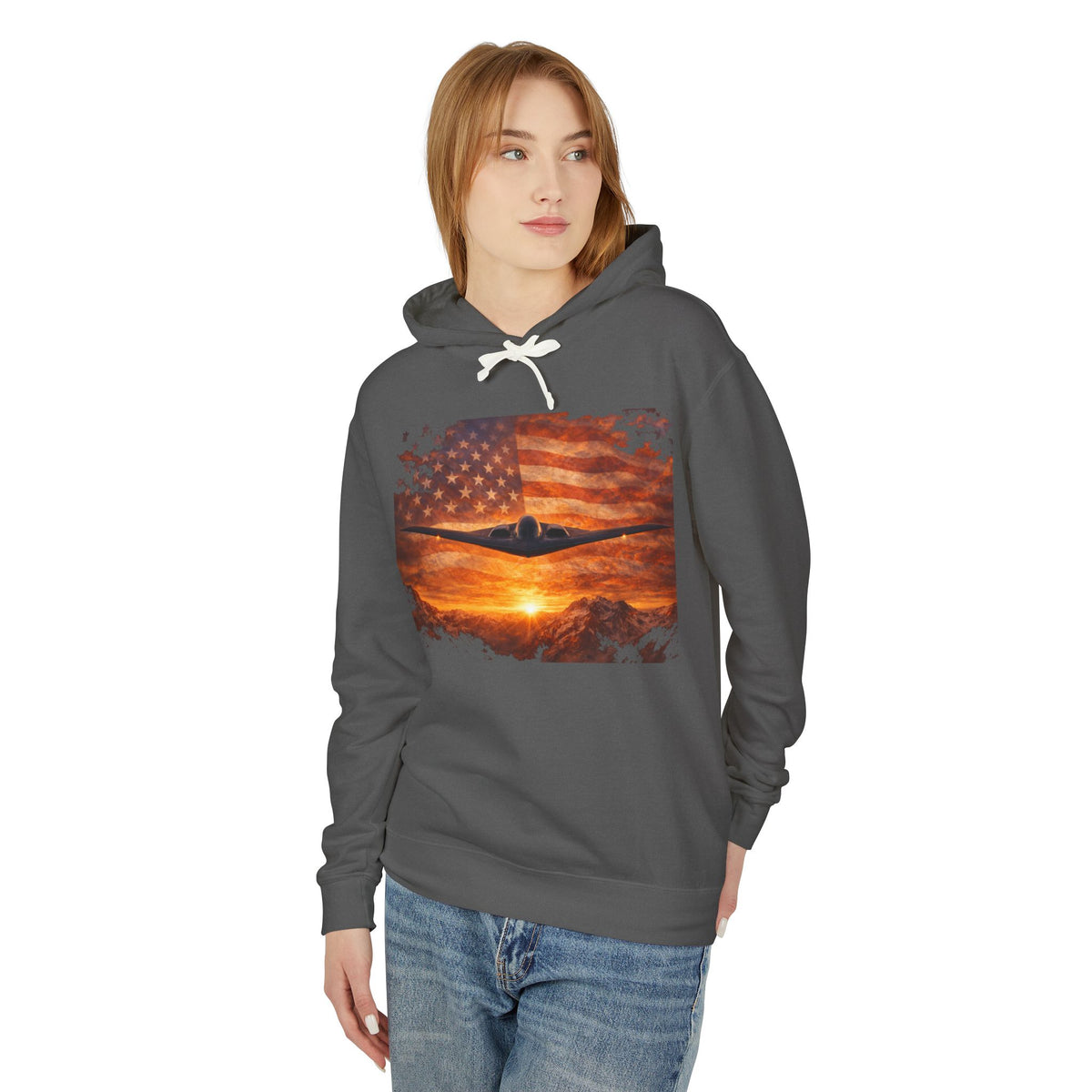 B-2 Stealth Bomber Flag Hoodie — American Aviation Sunset Pullover