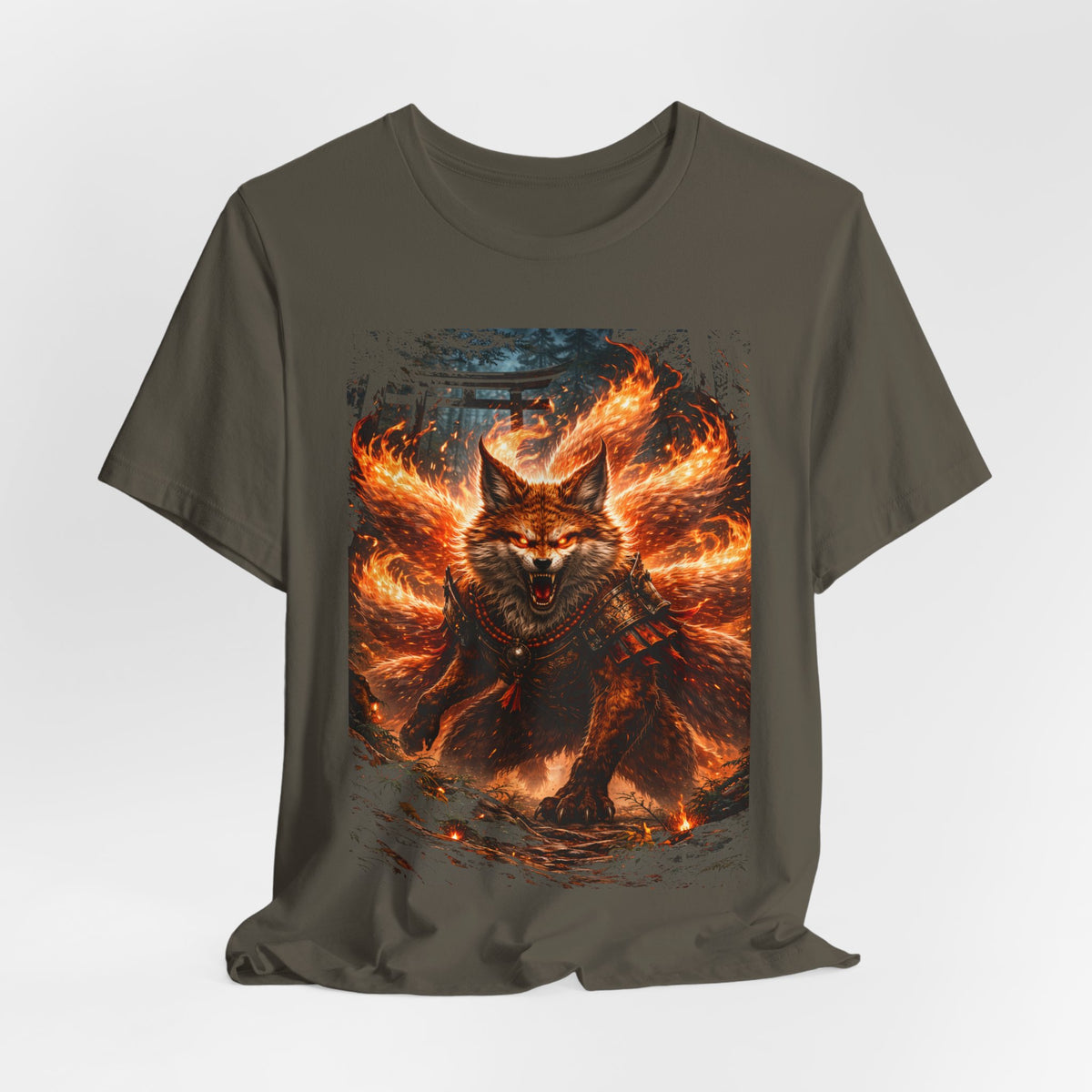 Fiery Nine-Tailed Fox Graphic Tee – Mythic Kitsune Flame Shirt