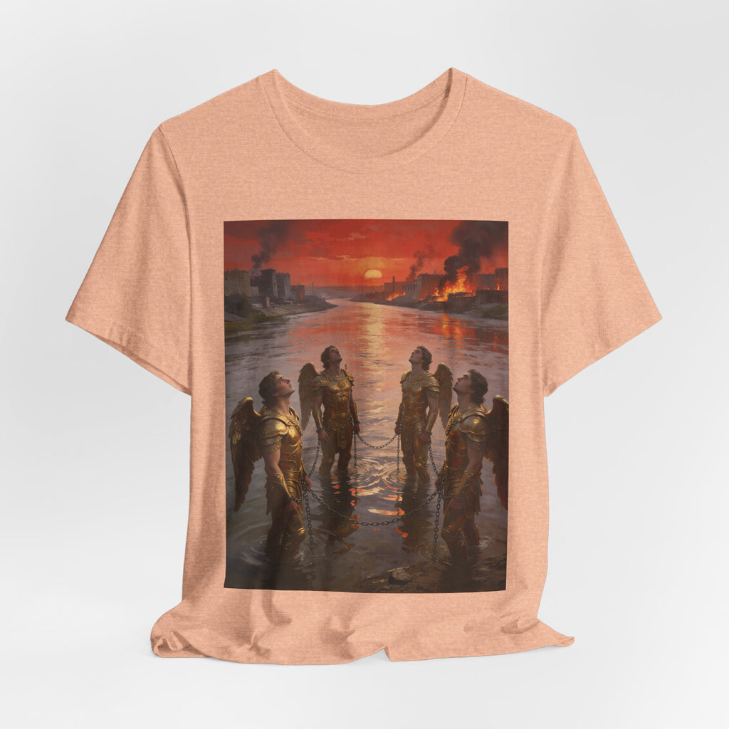 Revelation 9 reveals four fallen angels bound in the Euphrates River, awaiting God’s appointed time to bring judgment. T-Shirt