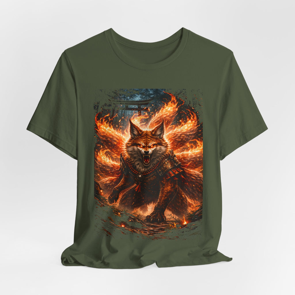 Fiery Nine-Tailed Fox Graphic Tee – Mythic Kitsune Flame Shirt