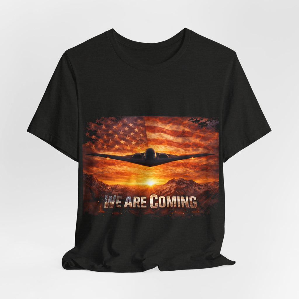 We Are Coming Military T-Shirt – American Flag Bomber Plane Graphic Tee