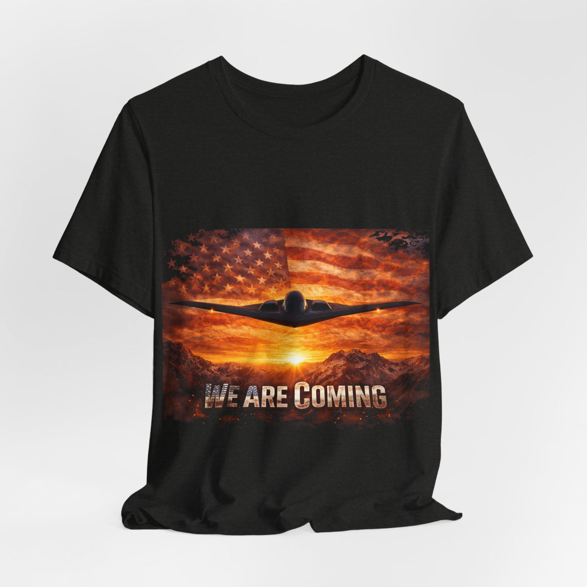 We Are Coming Military T-Shirt – American Flag Bomber Plane Graphic Tee