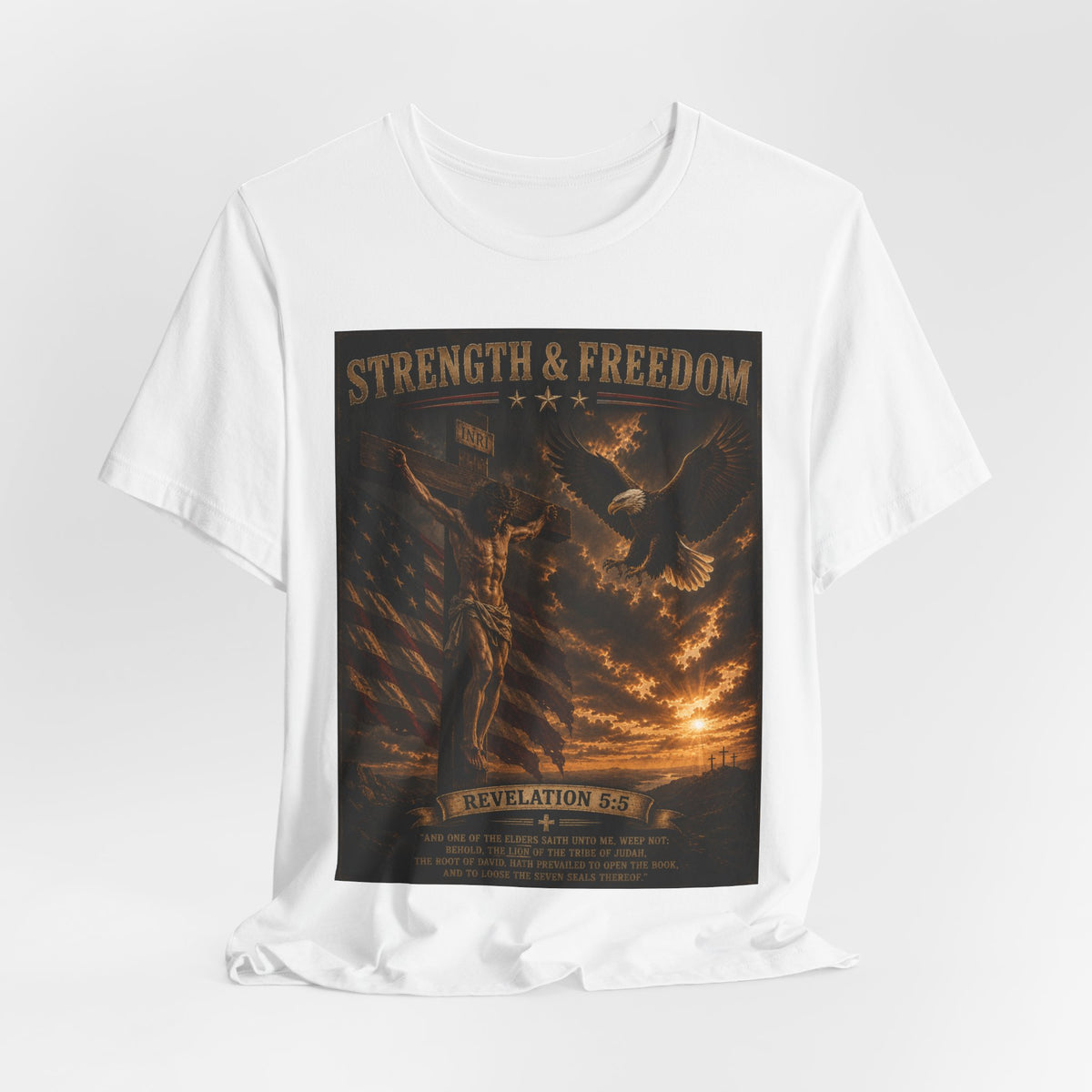 Strength & Freedom Christian T‑Shirt – Revelation 12:11 Eagle & Cross Faith Tee