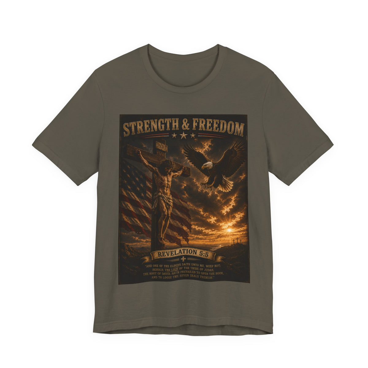 Strength & Freedom Christian T‑Shirt – Revelation 12:11 Eagle & Cross Faith Tee