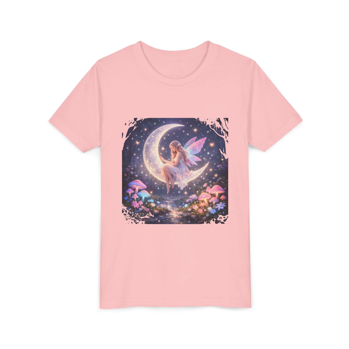 Youth Fairy Moon T-Shirt — Magical Fairy on Crescent Moon Tee for Kids