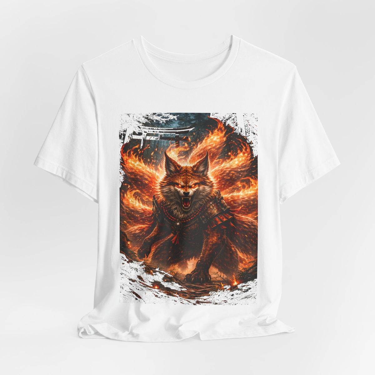 Fiery Nine-Tailed Fox Graphic Tee – Mythic Kitsune Flame Shirt