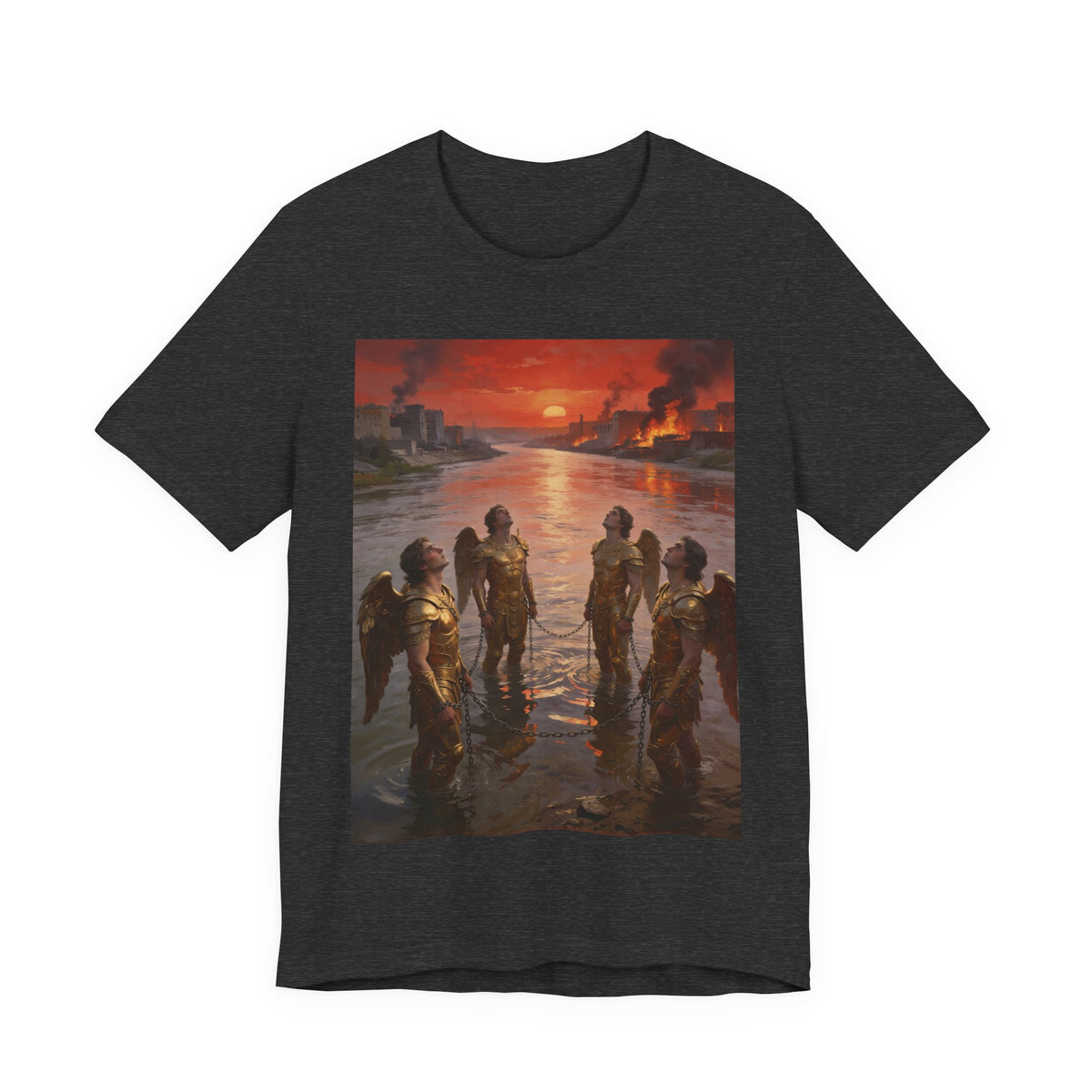 Revelation 9 reveals four fallen angels bound in the Euphrates River, awaiting God’s appointed time to bring judgment. T-Shirt
