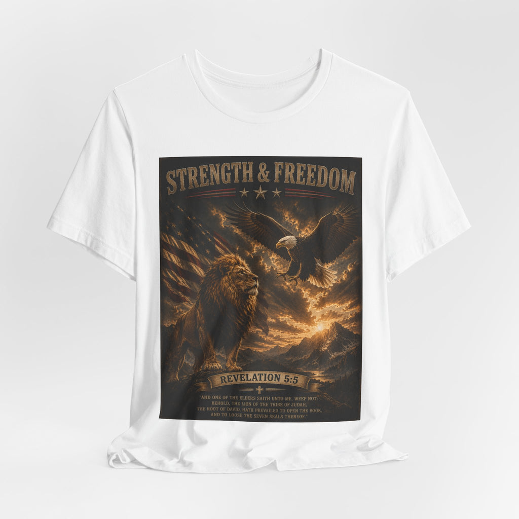 Strength & Freedom Christian Lion Tee – Revelation 5:5 Inspirational Graphic T-Shirt