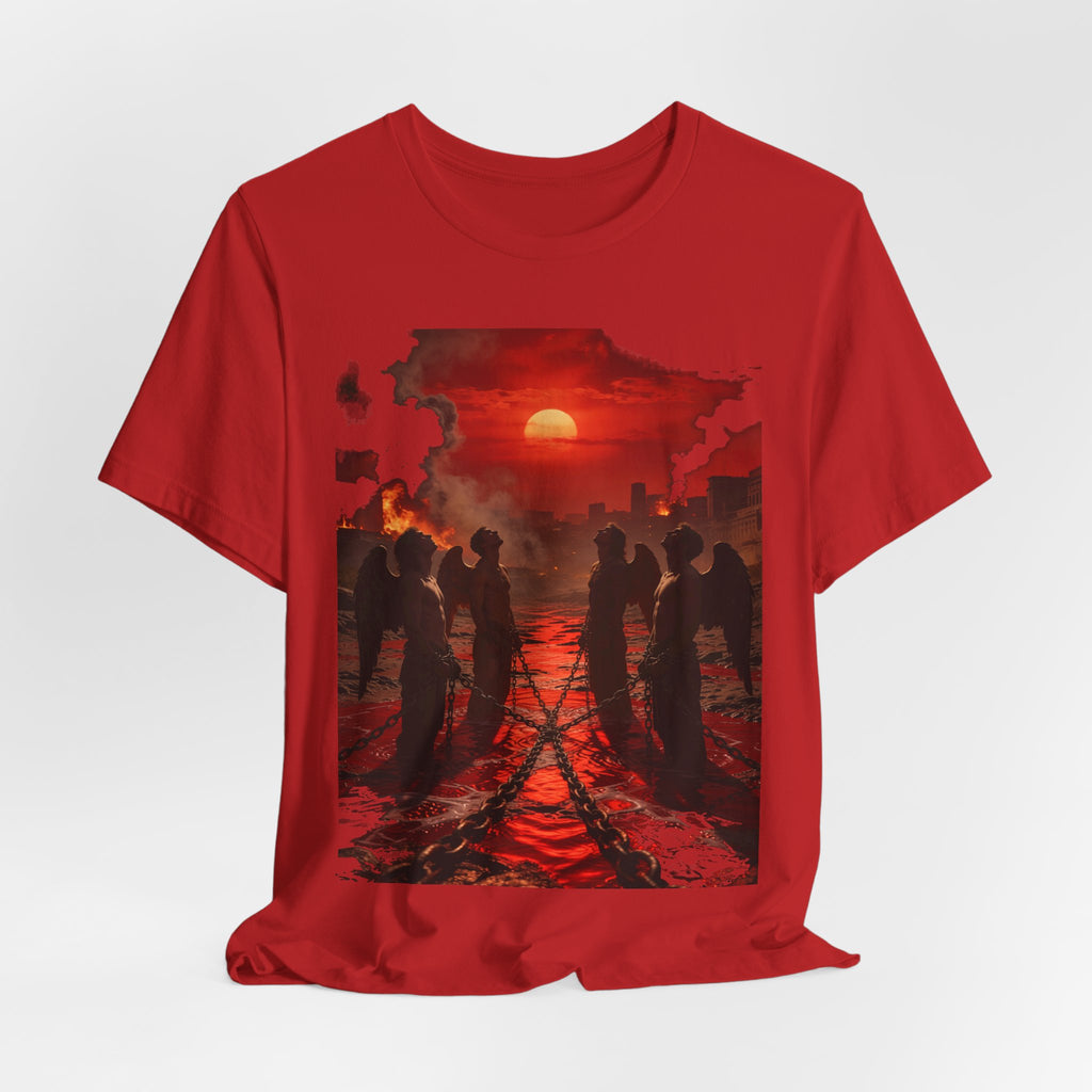 Revelation 9 reveals four fallen angels bound in the Euphrates River, awaiting God’s appointed time to bring judgment.T-Shirt —