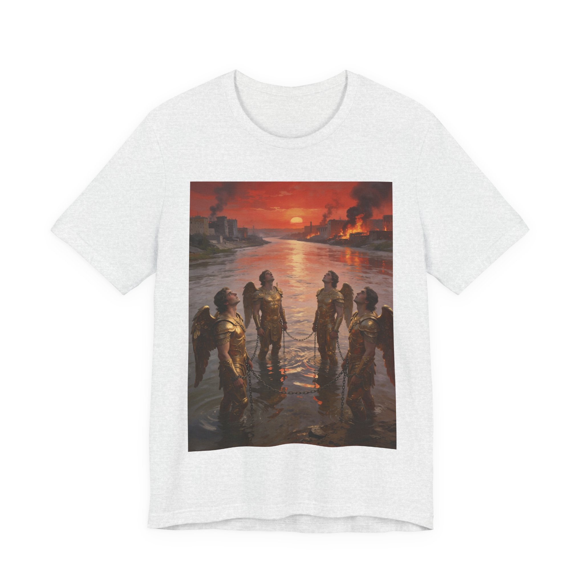 Revelation 9 reveals four fallen angels bound in the Euphrates River, awaiting God’s appointed time to bring judgment. T-Shirt