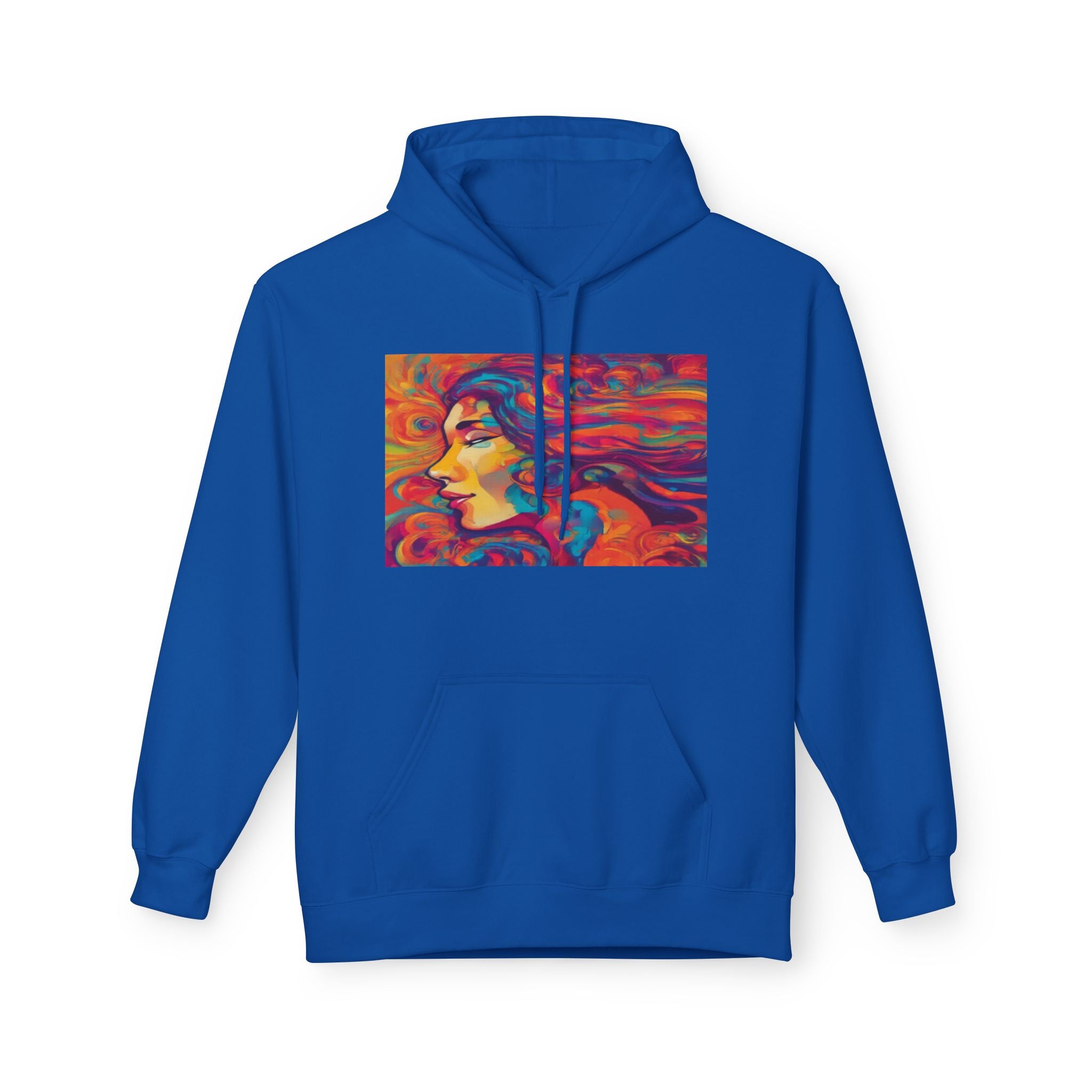 Colorful 1970s Psychedelic Woman Portrait Hoodie — Vibrant Retro Art Pullover