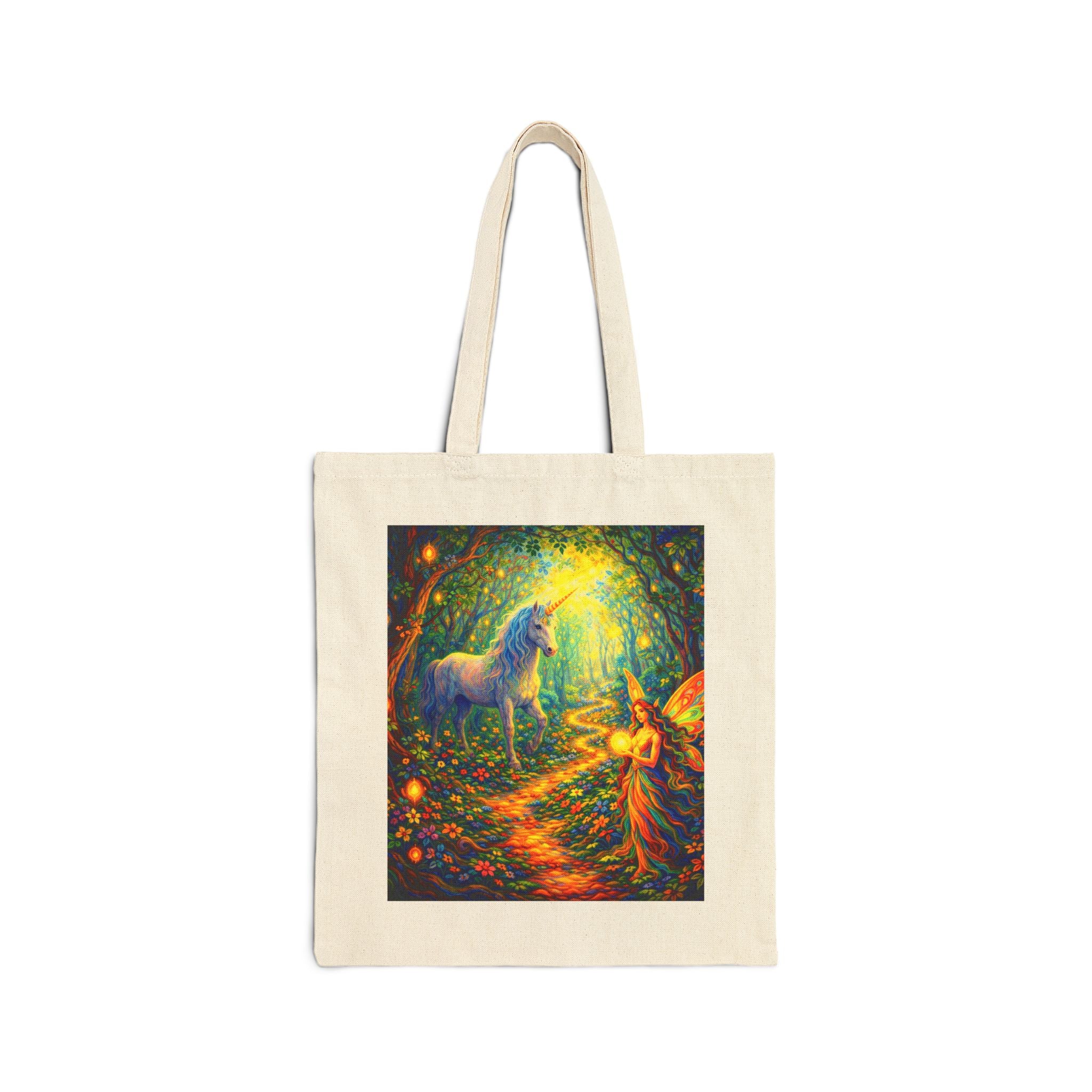 Unicorn & Fairy Canvas Tote Bag — Mystical Forest Art Cotton Tote