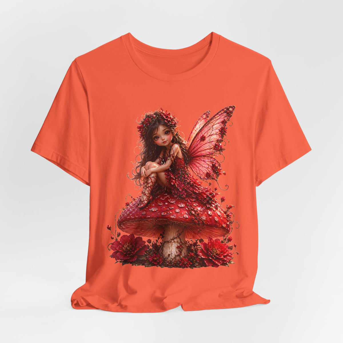 Fairy on Red Mushroom T‑Shirt — Whimsical Red Fairy Graphic Tee