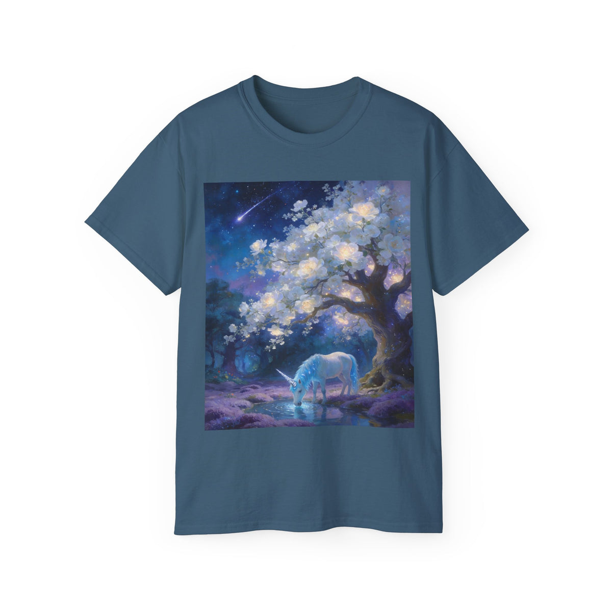Unicorn Mystic Night Sheep Cotton Tee — Dreamy Moonlit Tree Art T-Shirt