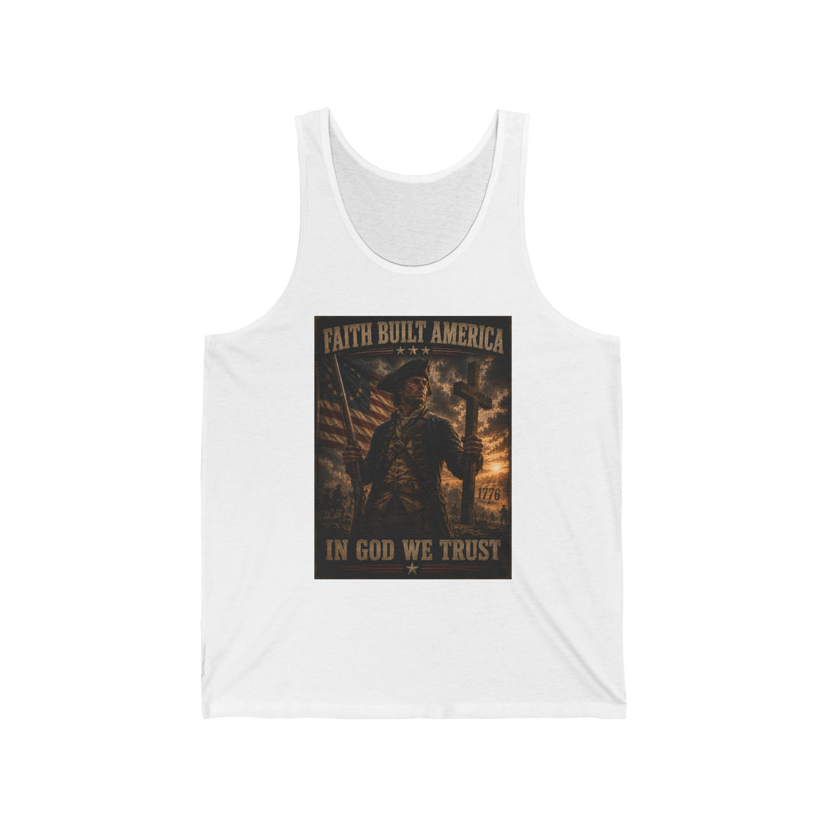 Patriotic Tank Top - "Faith Built America, In God We Trust" Vintage Soldier Design