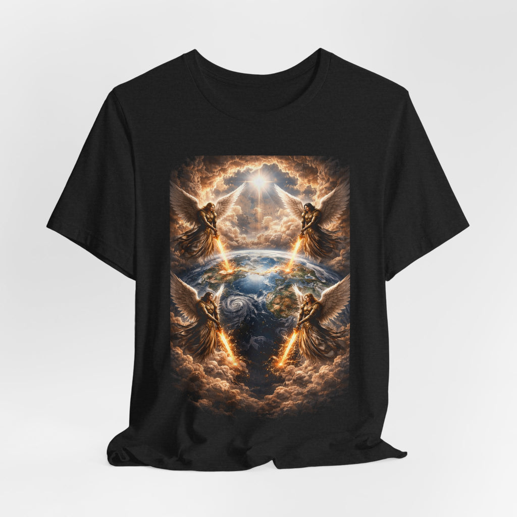 Revelation 7:1 Four angels standing on the four corners of the earth as seen from heaven-when the secound comingis near T‑Shirt — Heavenly Earth & Angels Graphic Tee