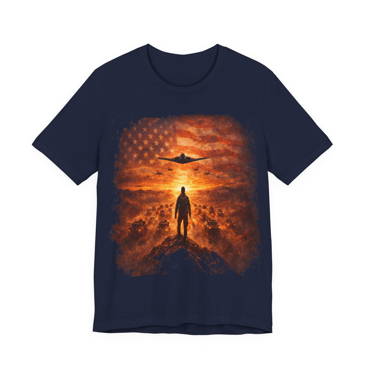 USA-Military Aviation T-Shirt — Bomber Silhouette with American Flag Sunset