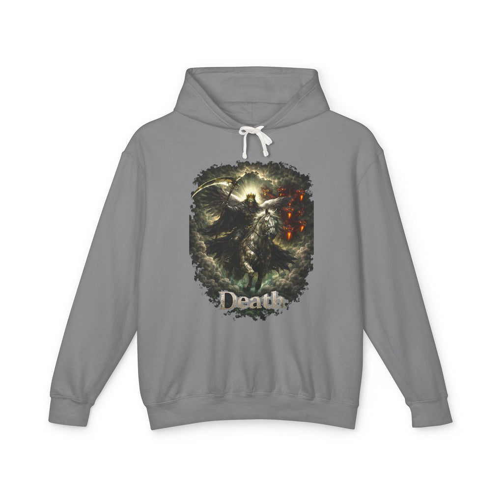 Revelation 6:7-8! And on the Pale horse was a rider  as an angle dress as death and he wore a crown !Death Reaper Graphic Hoodie — Gothic Dark Fantasy Pullover