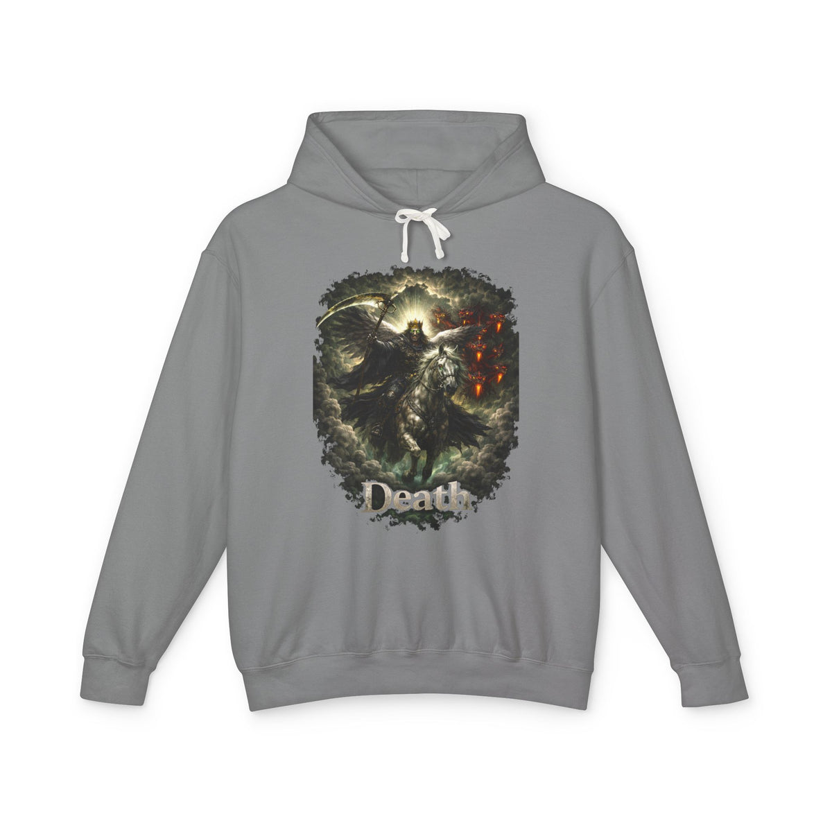 Revelation 6:7-8! And on the Pale horse was a rider  as an angle dress as death and he wore a crown !Death Reaper Graphic Hoodie — Gothic Dark Fantasy Pullover