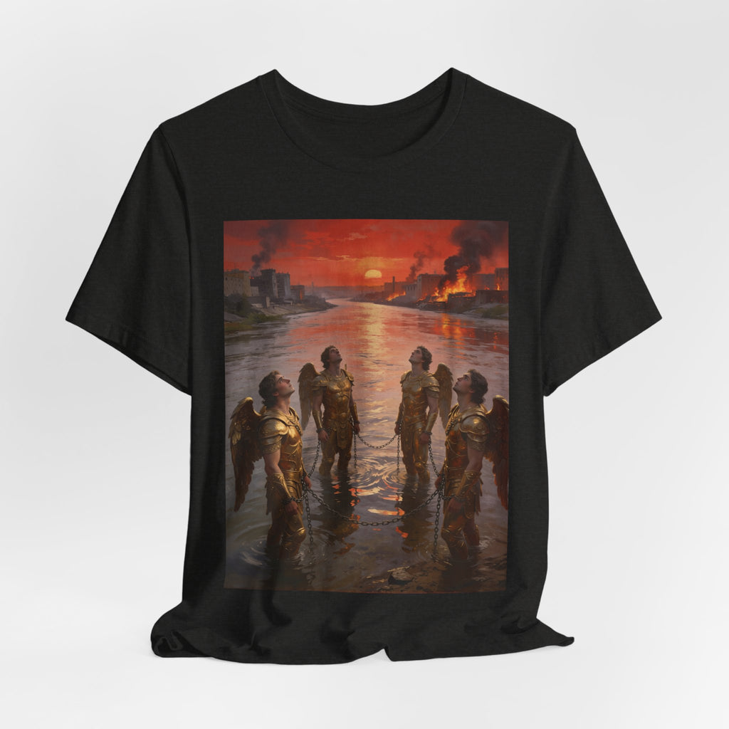 Revelation 9 reveals four fallen angels bound in the Euphrates River, awaiting God’s appointed time to bring judgment. T-Shirt