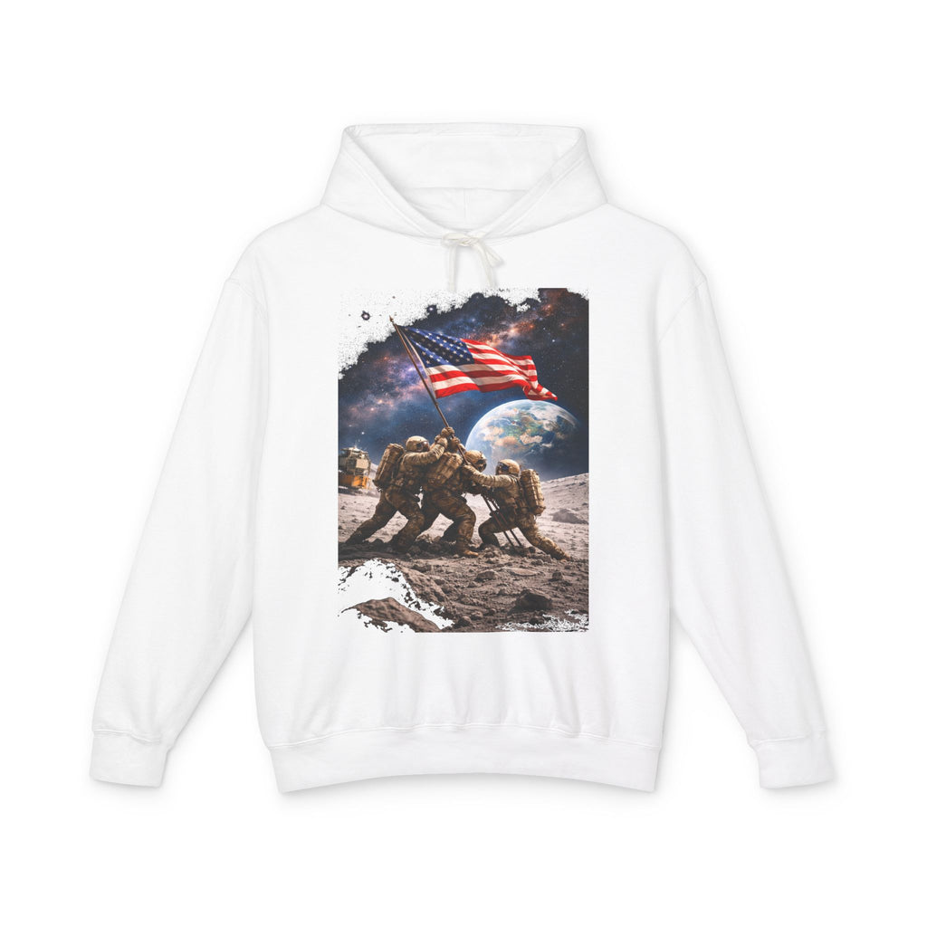 Patriotic Moon Landing Hoodie — Astronauts Raising American Flag Graphic
