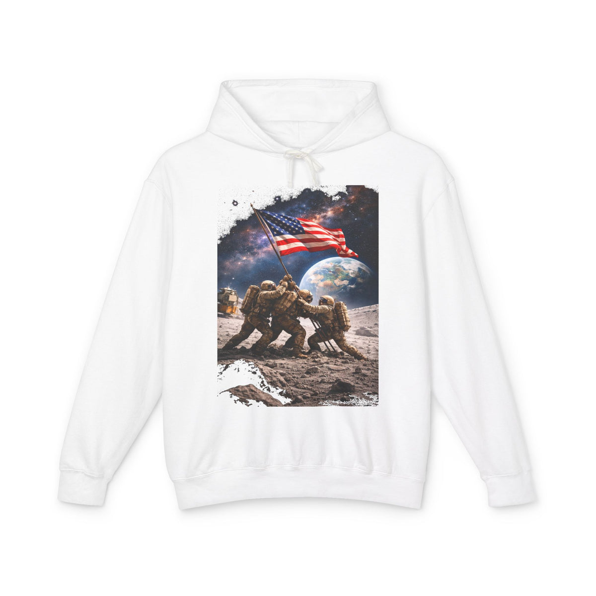 Patriotic Moon Landing Hoodie — Astronauts Raising American Flag Graphic