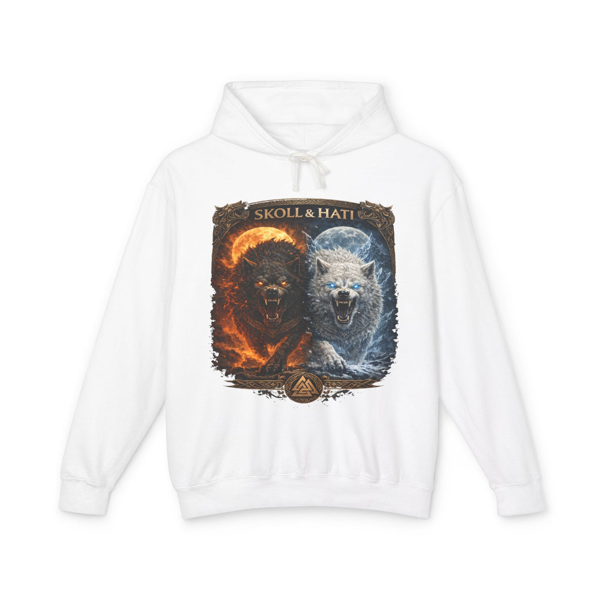 Sköll & Hati Fire and Ice Wolf Hoodie — Viking Myth Wolves Graphic Sweatshirt