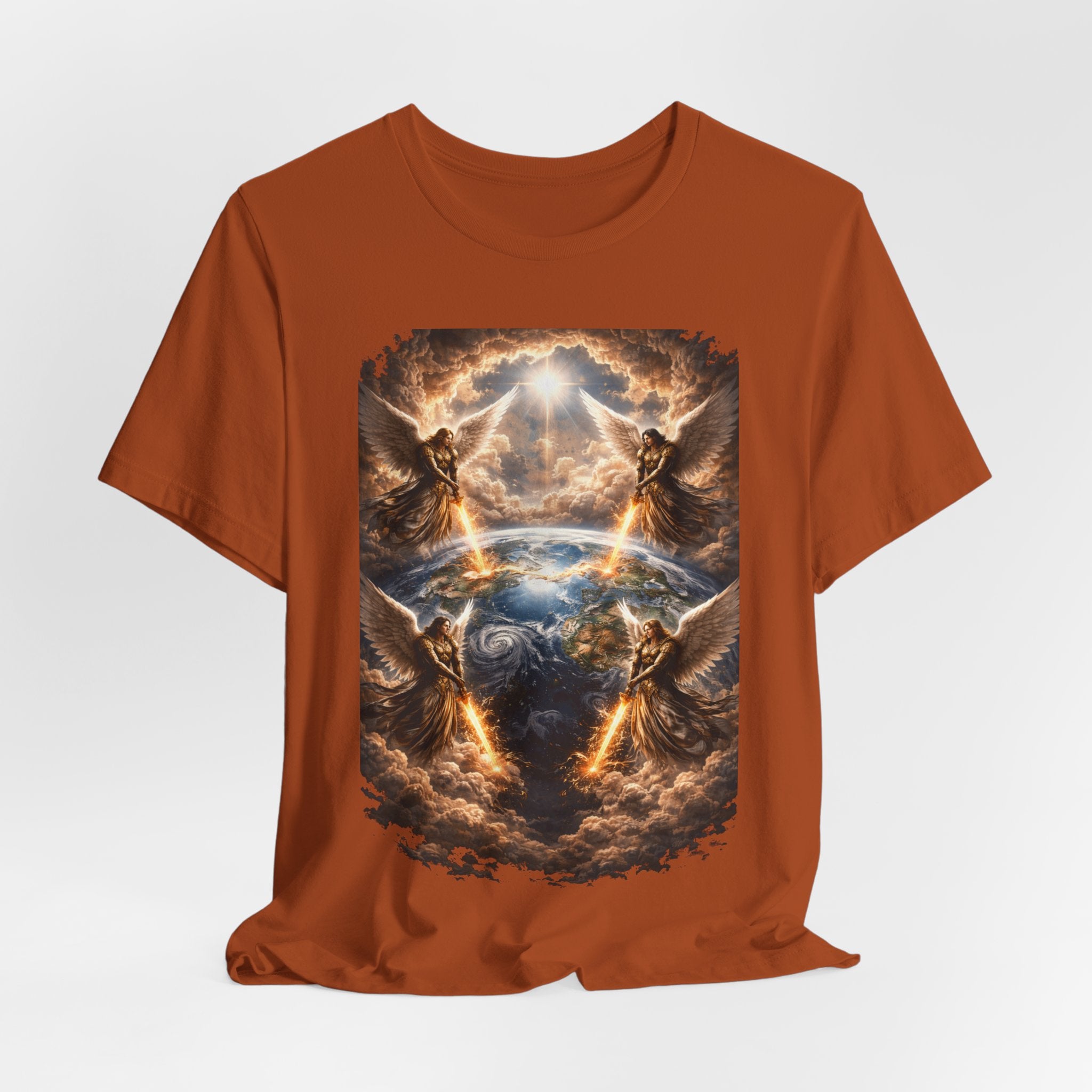 Revelation 7:1 Four angels standing on the four corners of the earth as seen from heaven-when the secound comingis near T‑Shirt — Heavenly Earth & Angels Graphic Tee