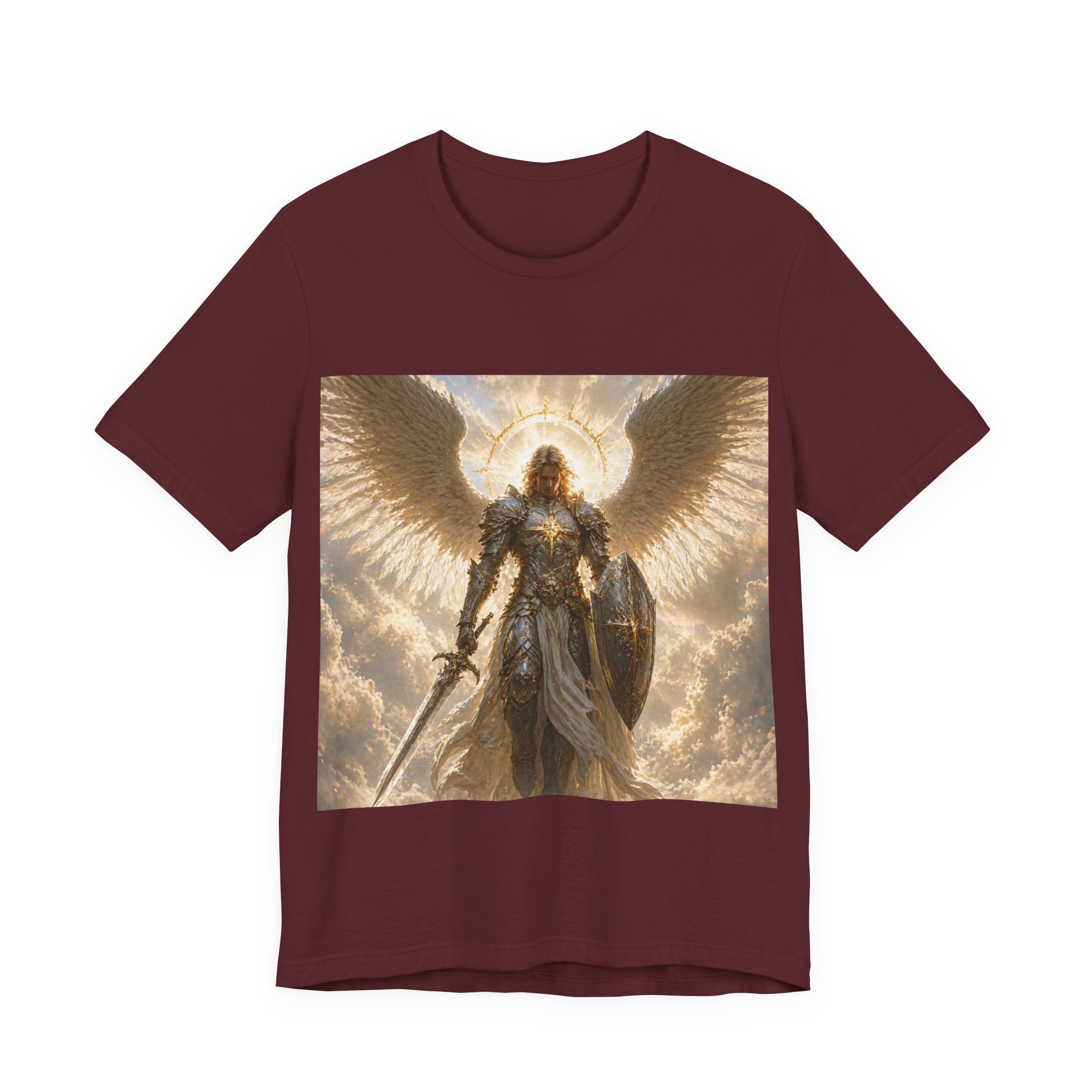 Archangel Warrior Graphic Tee — Golden Angel with Sword & Shield