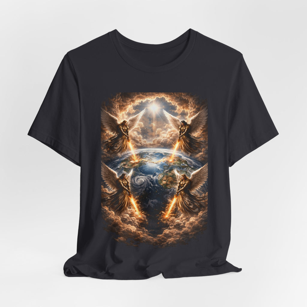 Revelation 7:1 Four angels standing on the four corners of the earth as seen from heaven-when the secound comingis near T‑Shirt — Heavenly Earth & Angels Graphic Tee