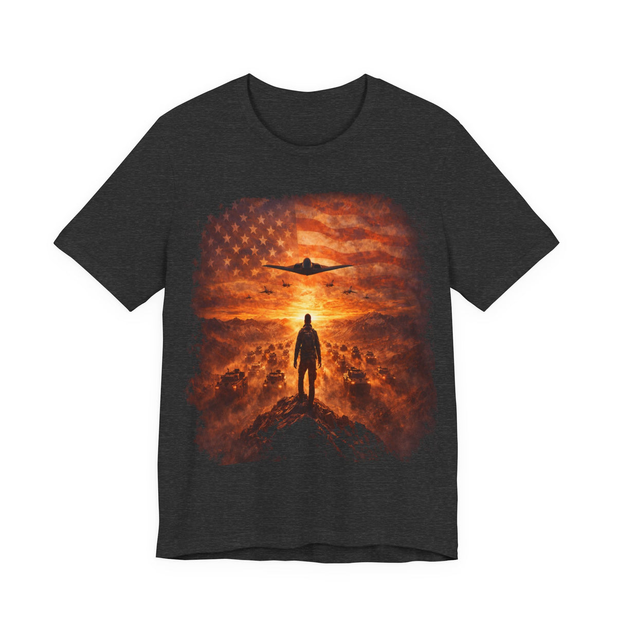 USA-Military Aviation T-Shirt — Bomber Silhouette with American Flag Sunset