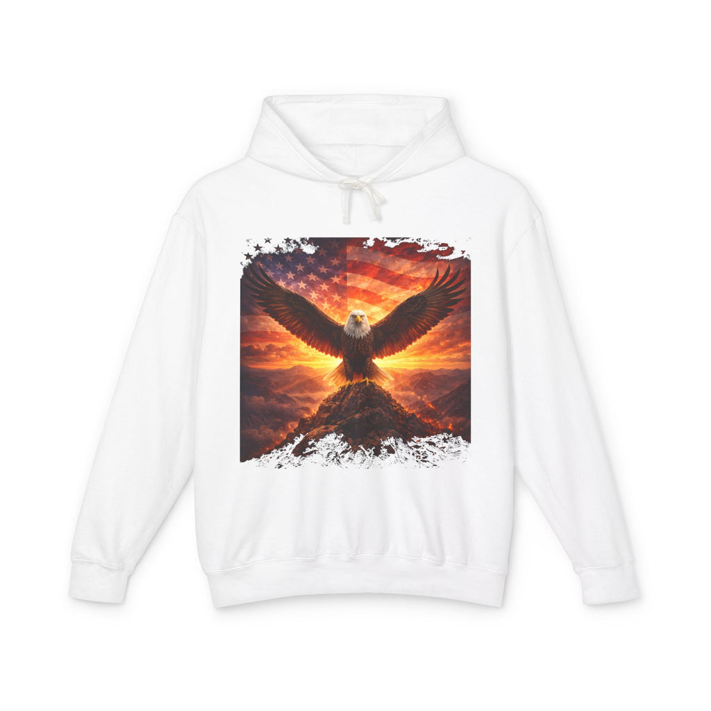Eagle Rising Hoodie — Patriotic Bald Eagle Sunset Graphic Sweatshirt