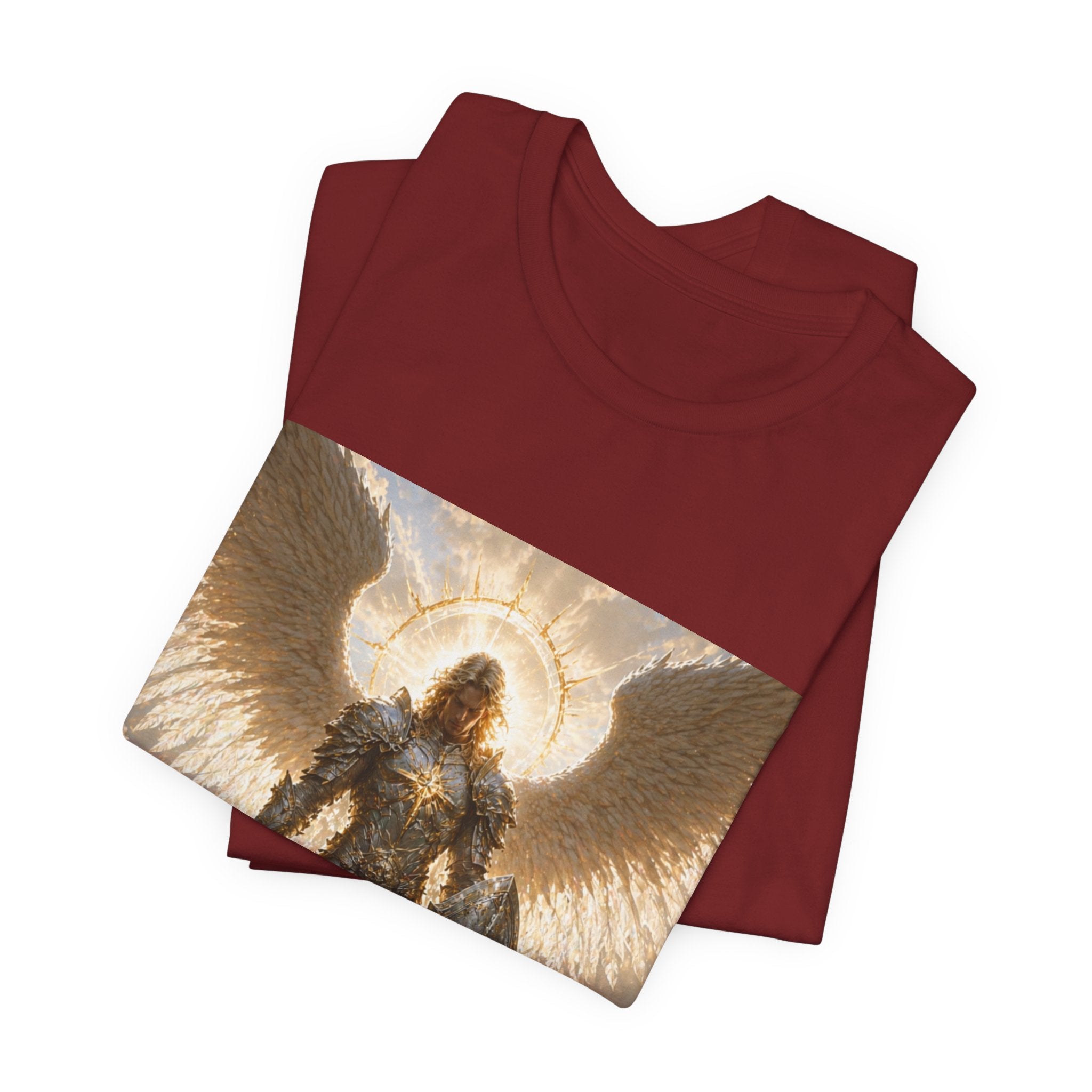 Archangel Warrior Graphic Tee — Golden Angel with Sword & Shield