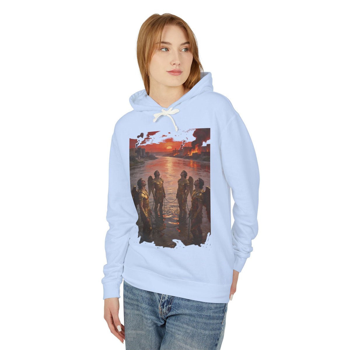 Revelation 9 reveals four fallen angels bound in the Euphrates River  Crew Hooded Sweatshirt