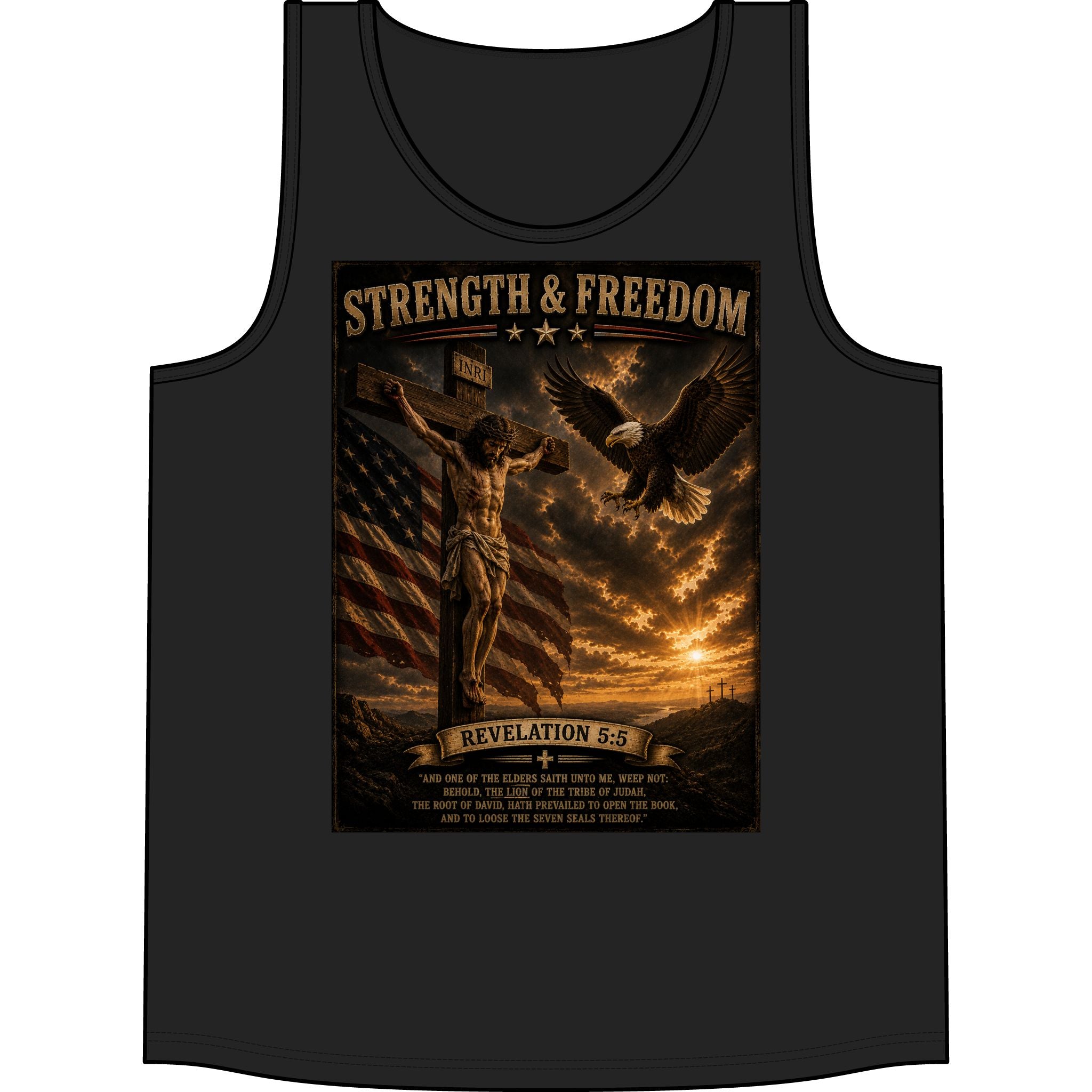 Strength & Freedom Christian Tank Top — Revelation 5:6 Patriotic Eagle & Cross Design