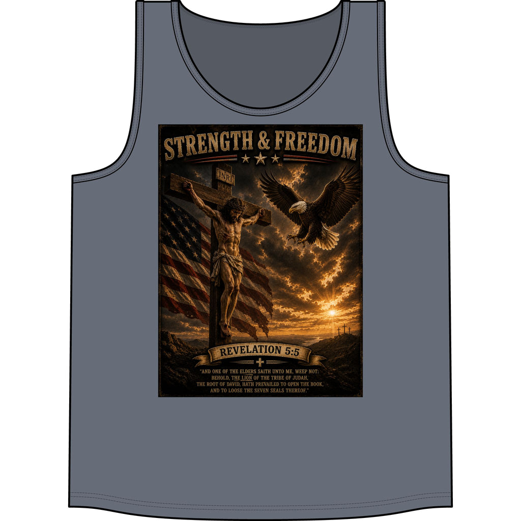 Strength & Freedom Christian Tank Top — Revelation 5:6 Patriotic Eagle & Cross Design