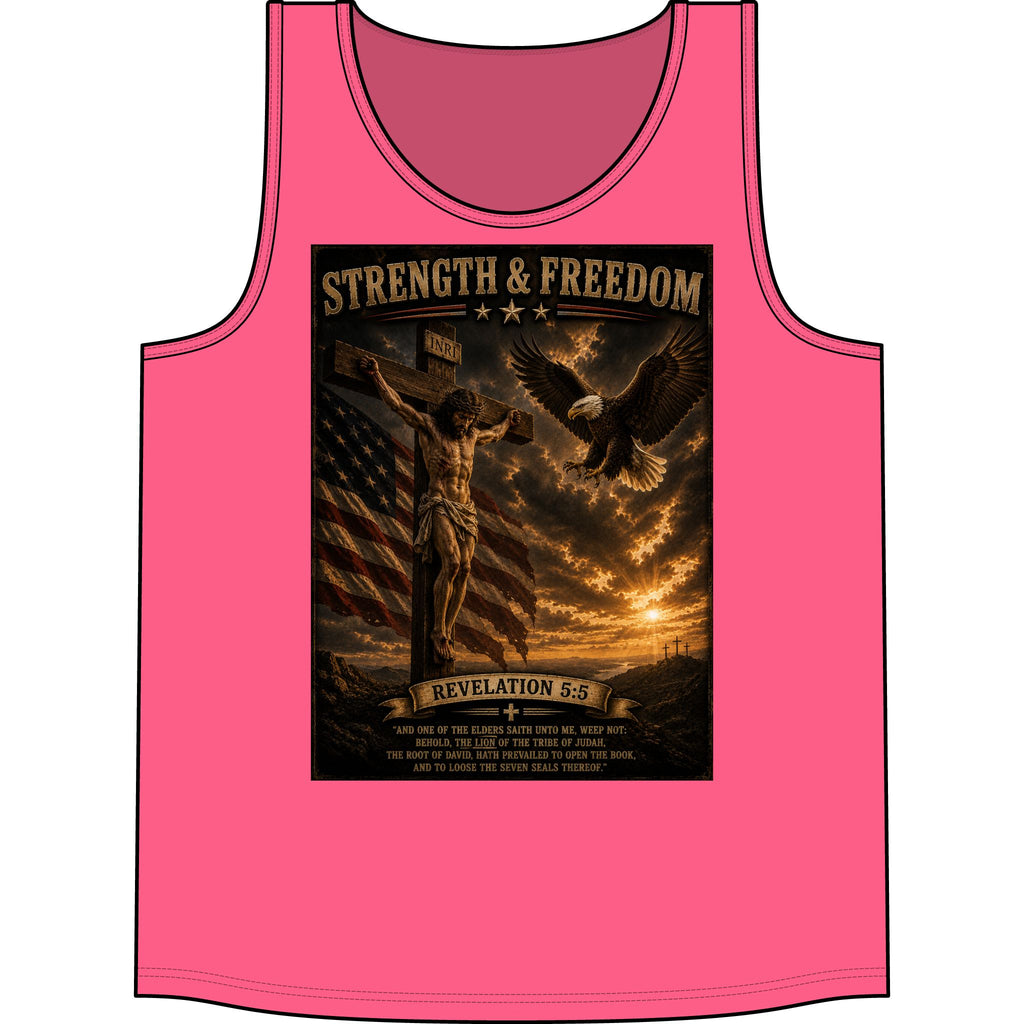 Strength & Freedom Christian Tank Top — Revelation 5:6 Patriotic Eagle & Cross Design