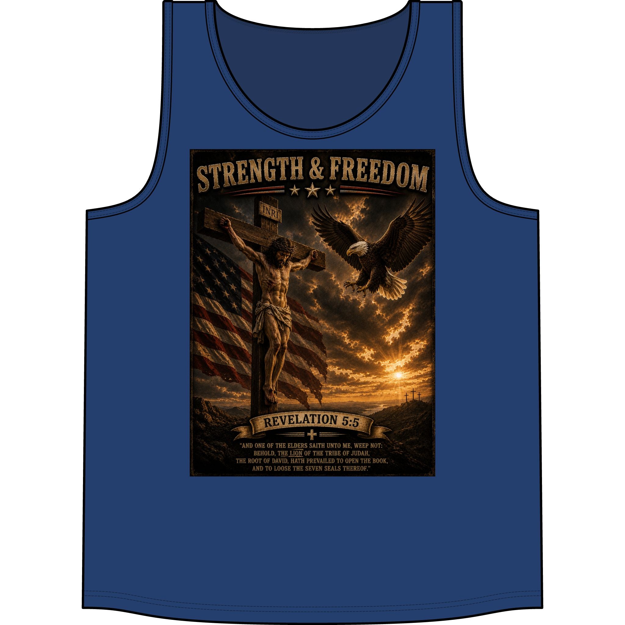 Strength & Freedom Christian Tank Top — Revelation 5:6 Patriotic Eagle & Cross Design