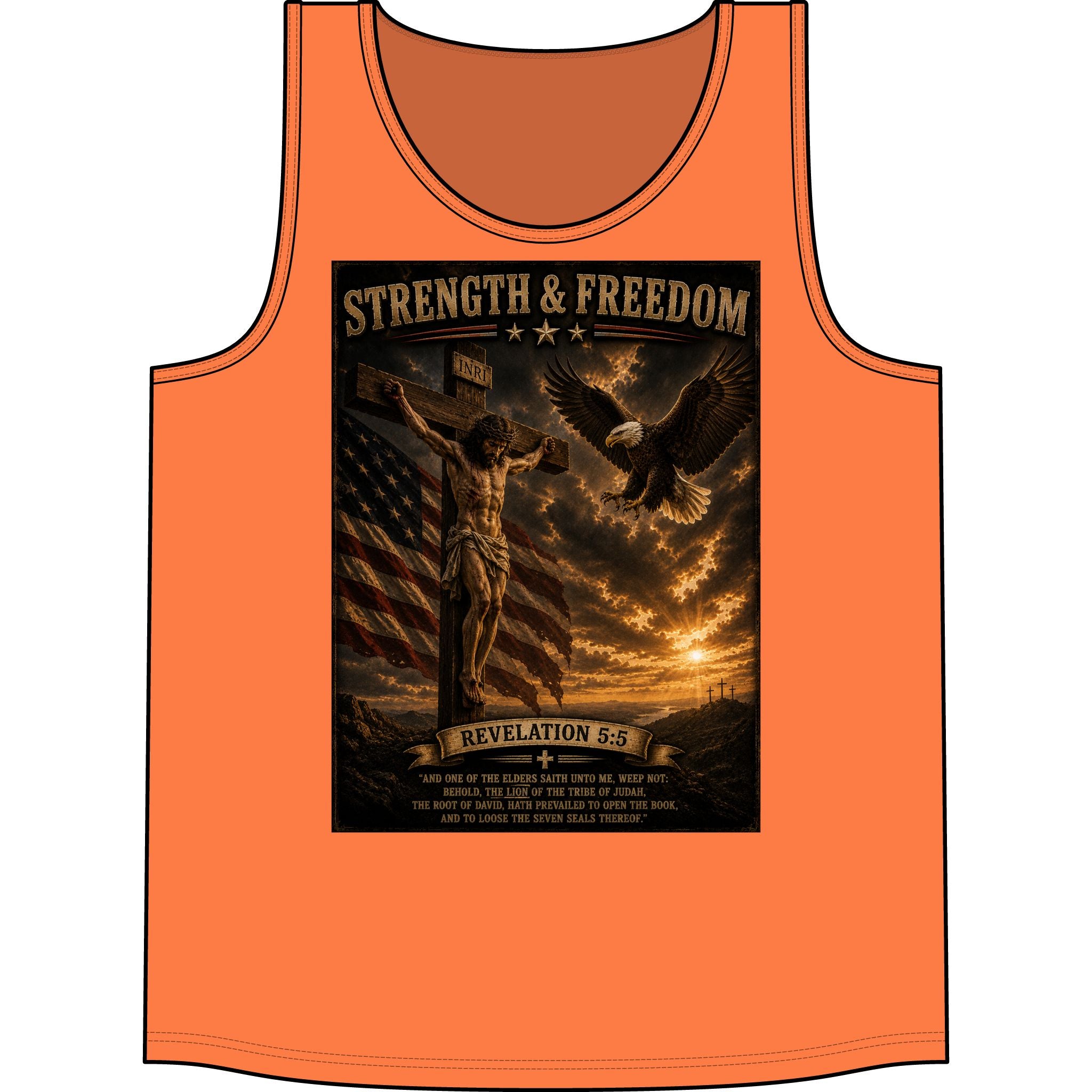 Strength & Freedom Christian Tank Top — Revelation 5:6 Patriotic Eagle & Cross Design